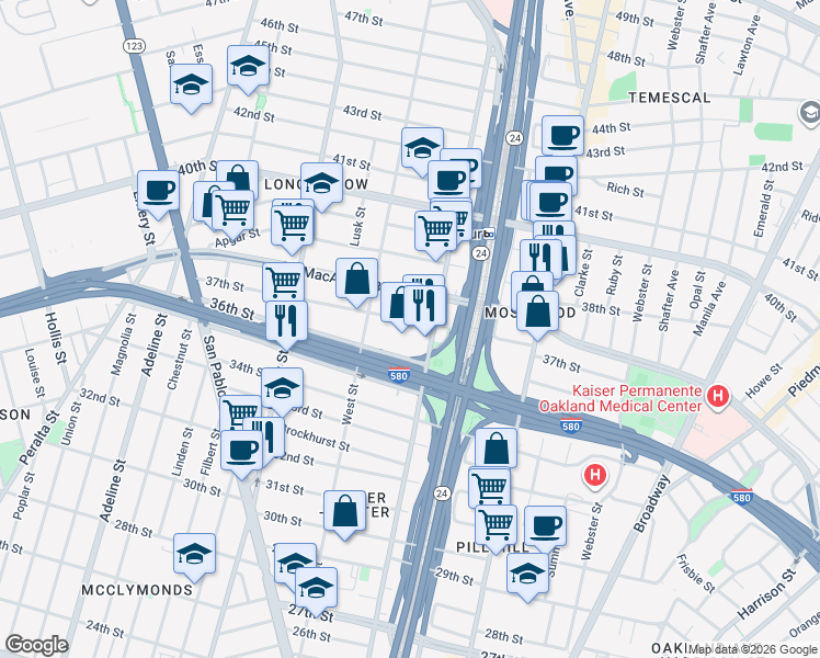 map of restaurants, bars, coffee shops, grocery stores, and more near 719 36th Street in Oakland