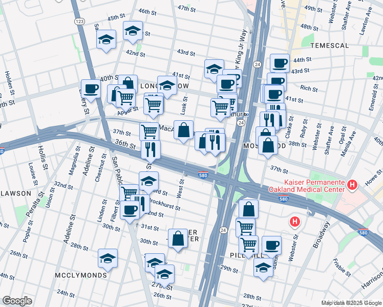map of restaurants, bars, coffee shops, grocery stores, and more near 719 36th Street in Oakland
