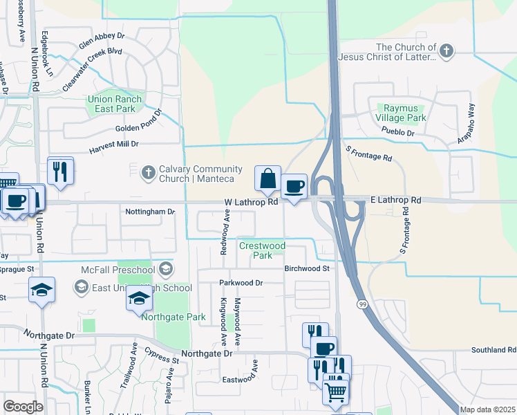 map of restaurants, bars, coffee shops, grocery stores, and more near 2041 Holbrook Place in Manteca