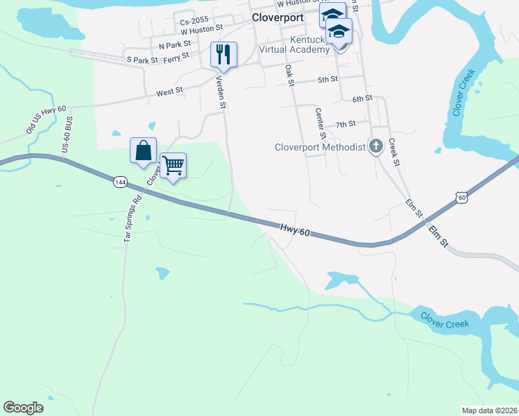 map of restaurants, bars, coffee shops, grocery stores, and more near Kentucky 144 in Cloverport