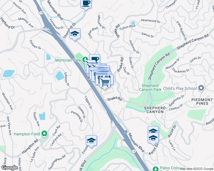 map of restaurants, bars, coffee shops, grocery stores, and more near 2078 Antioch Court in Oakland