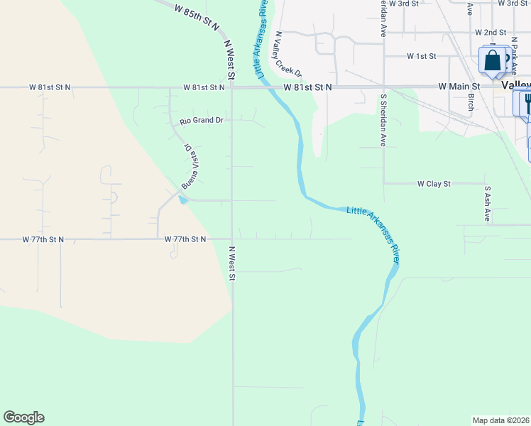 map of restaurants, bars, coffee shops, grocery stores, and more near 3800-3900 West 77th Street North in Valley Center