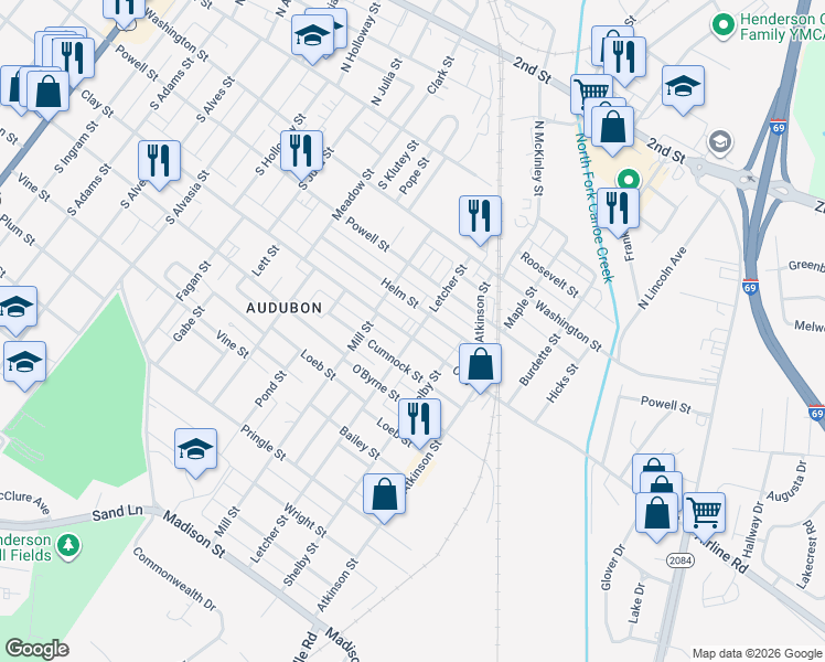 map of restaurants, bars, coffee shops, grocery stores, and more near 498 Letcher Street in Henderson