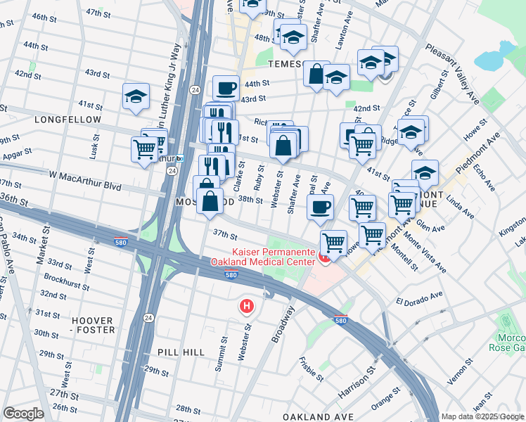 map of restaurants, bars, coffee shops, grocery stores, and more near 3776 Ruby Street in Oakland
