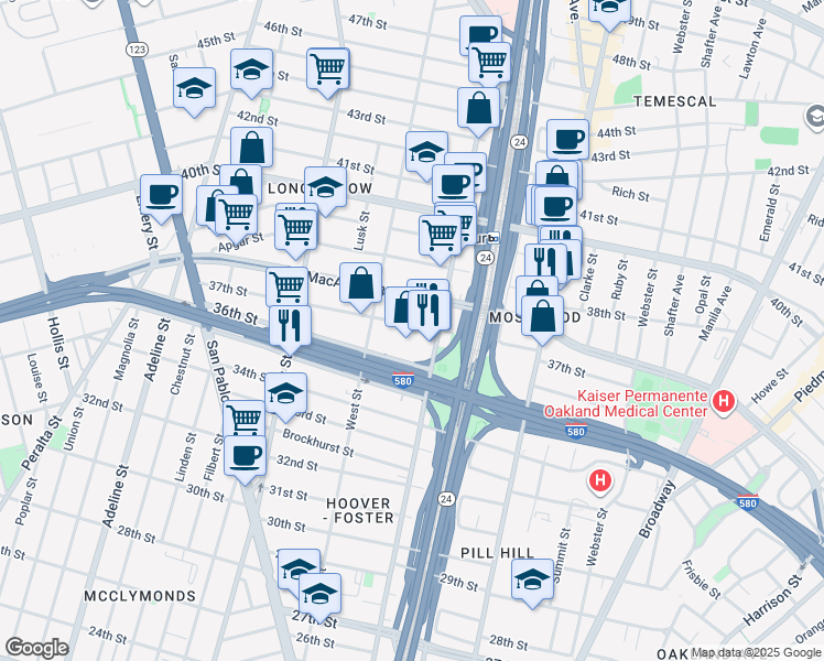 map of restaurants, bars, coffee shops, grocery stores, and more near in Oakland