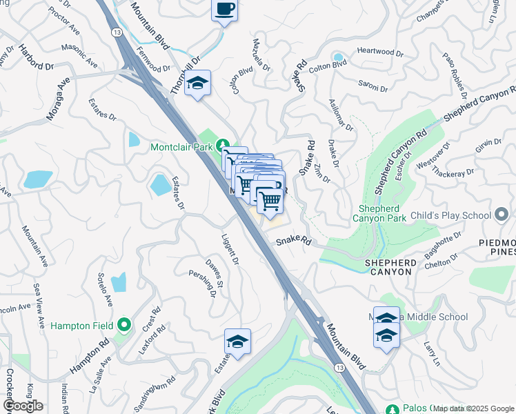 map of restaurants, bars, coffee shops, grocery stores, and more near in Oakland