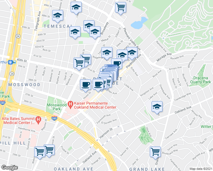 map of restaurants, bars, coffee shops, grocery stores, and more near 4063 Piedmont Avenue in Oakland