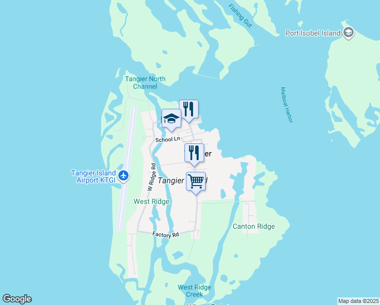 map of restaurants, bars, coffee shops, grocery stores, and more near 16204 Main Ridge Road in Tangier