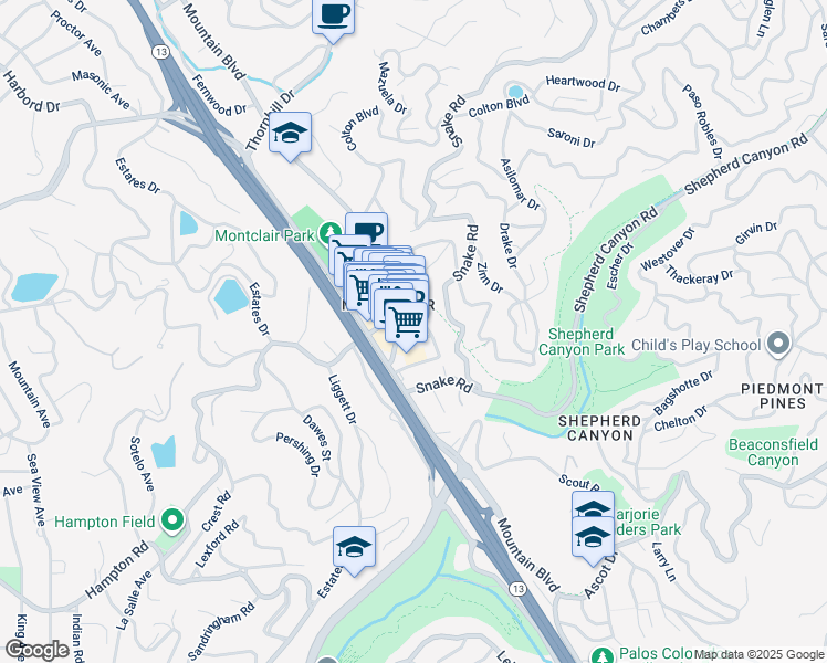 map of restaurants, bars, coffee shops, grocery stores, and more near in Oakland