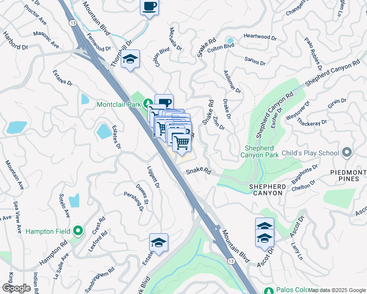 map of restaurants, bars, coffee shops, grocery stores, and more near in Oakland