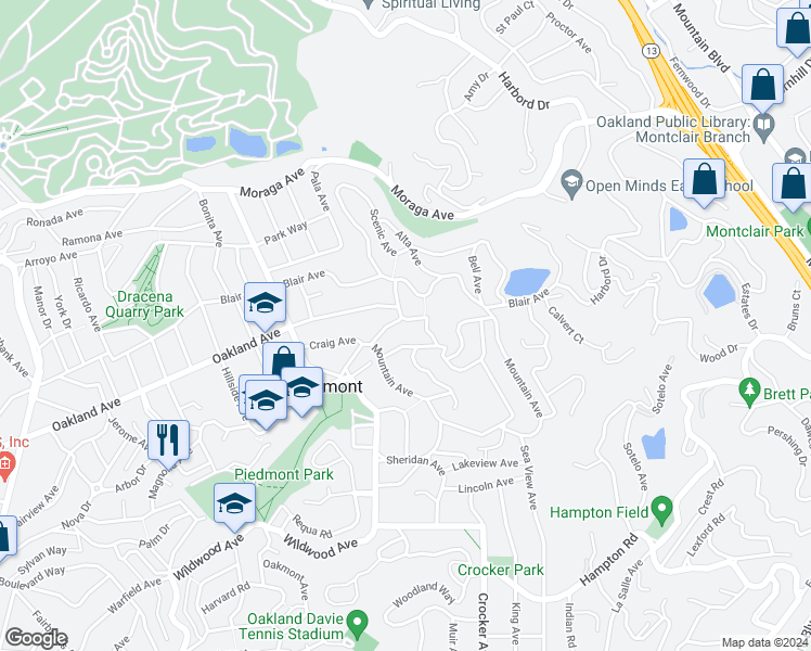 map of restaurants, bars, coffee shops, grocery stores, and more near 7 Scenic Avenue in Piedmont
