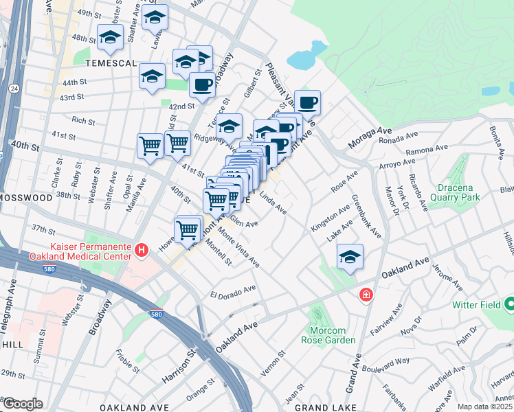 map of restaurants, bars, coffee shops, grocery stores, and more near 4176 Piedmont Avenue in Oakland