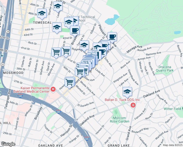map of restaurants, bars, coffee shops, grocery stores, and more near 4176 Piedmont Avenue in Oakland
