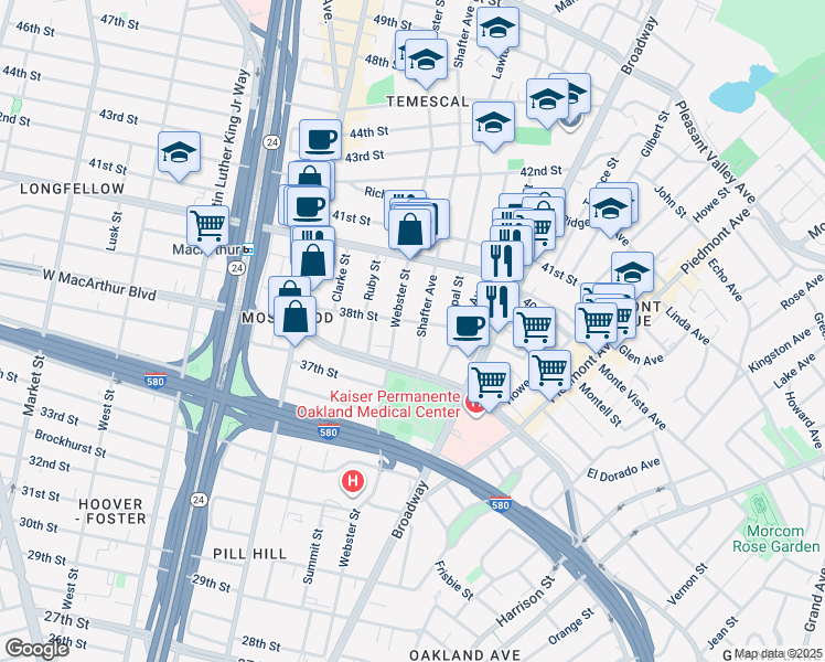 map of restaurants, bars, coffee shops, grocery stores, and more near 3817 Shafter Avenue in Oakland