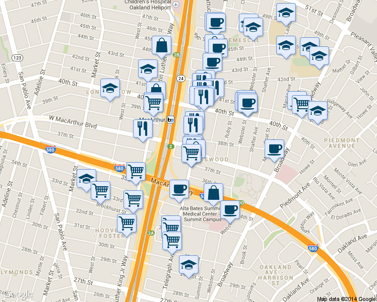 map of restaurants, bars, coffee shops, grocery stores, and more near in Oakland