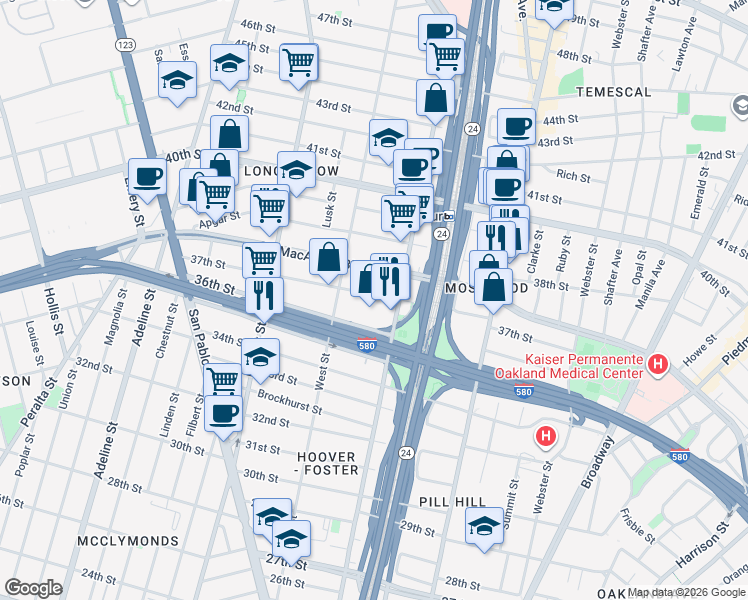 map of restaurants, bars, coffee shops, grocery stores, and more near 716 37th Street in Oakland