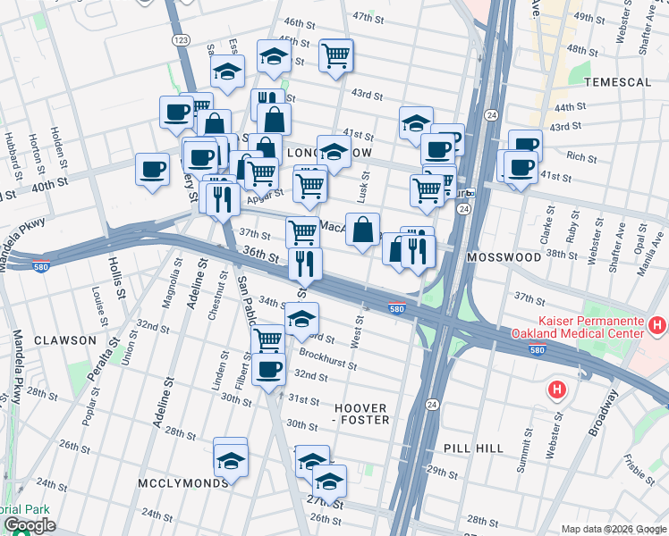 map of restaurants, bars, coffee shops, grocery stores, and more near 877 37th Street in Oakland
