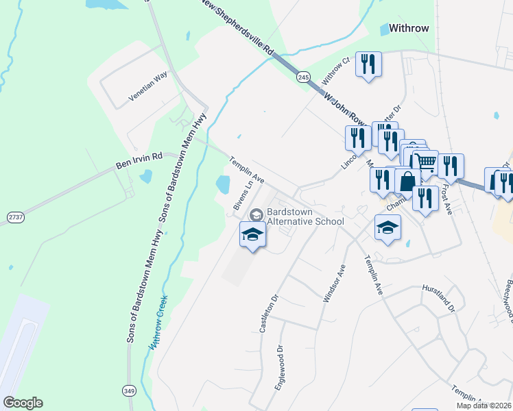 map of restaurants, bars, coffee shops, grocery stores, and more near 102 Sunset Drive in Bardstown