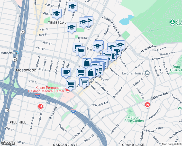 map of restaurants, bars, coffee shops, grocery stores, and more near 40th St & Howe St in Oakland
