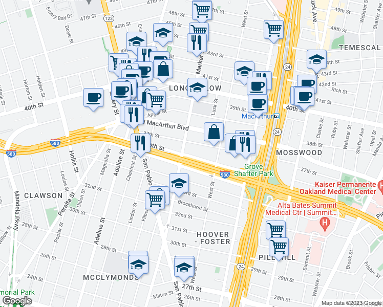 map of restaurants, bars, coffee shops, grocery stores, and more near 874 36th Street in Oakland
