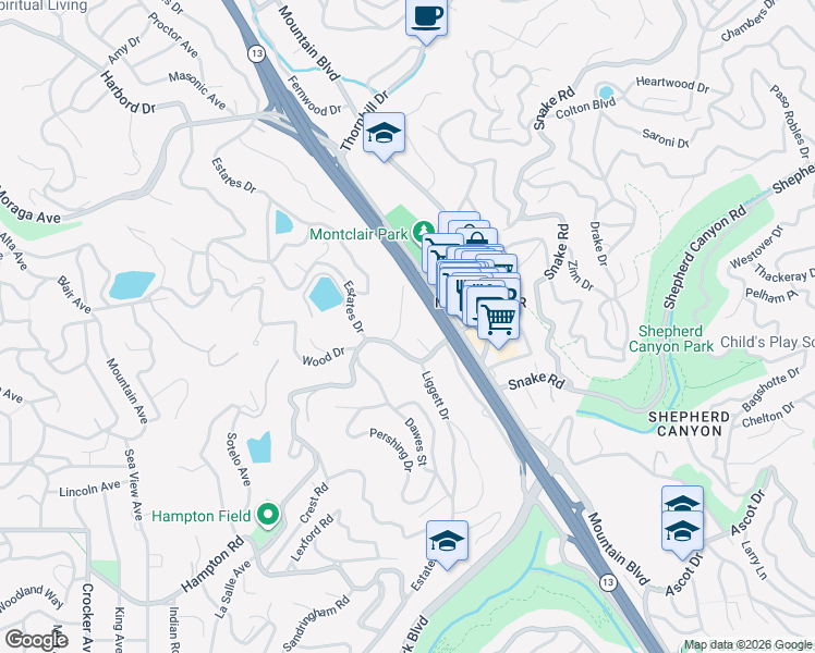 map of restaurants, bars, coffee shops, grocery stores, and more near 5922 Bruns Ct in Oakland