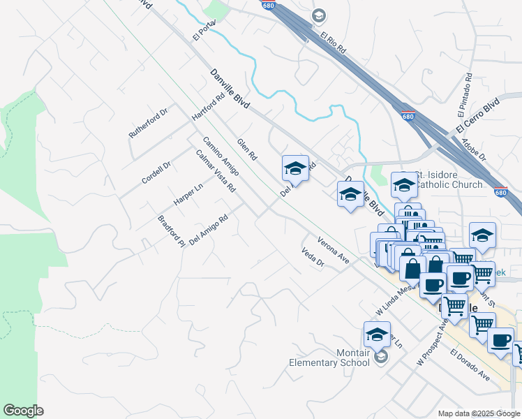 map of restaurants, bars, coffee shops, grocery stores, and more near 200 Del Amigo Road in Danville