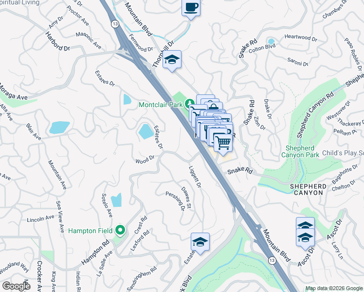 map of restaurants, bars, coffee shops, grocery stores, and more near 5922 Bruns Court in Oakland