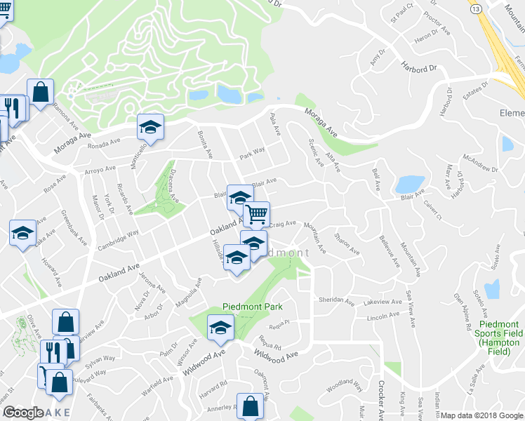 map of restaurants, bars, coffee shops, grocery stores, and more near 1907 Oakland Avenue in Piedmont