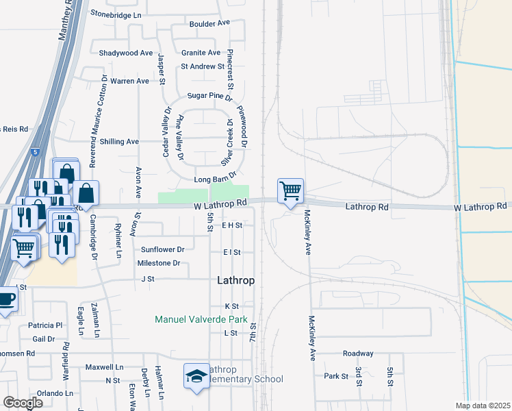 map of restaurants, bars, coffee shops, grocery stores, and more near 647 West Lathrop Road in Lathrop