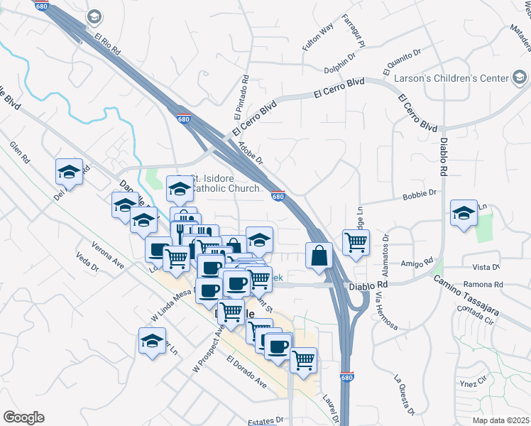 map of restaurants, bars, coffee shops, grocery stores, and more near 61 Weller Lane in Danville
