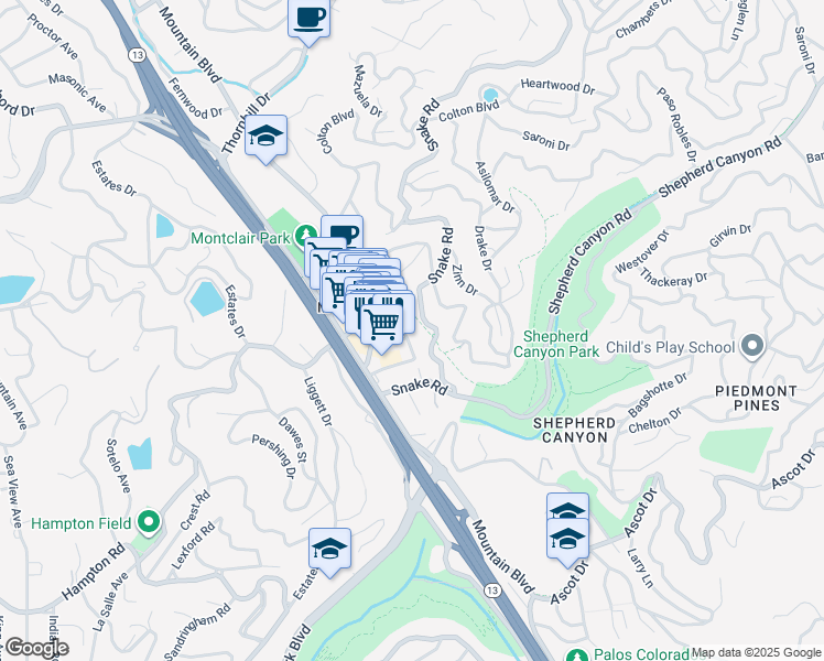 map of restaurants, bars, coffee shops, grocery stores, and more near 5837 Snake Road in Oakland