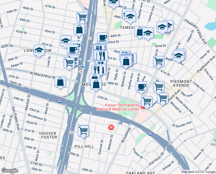 map of restaurants, bars, coffee shops, grocery stores, and more near 472 38th Street in Oakland