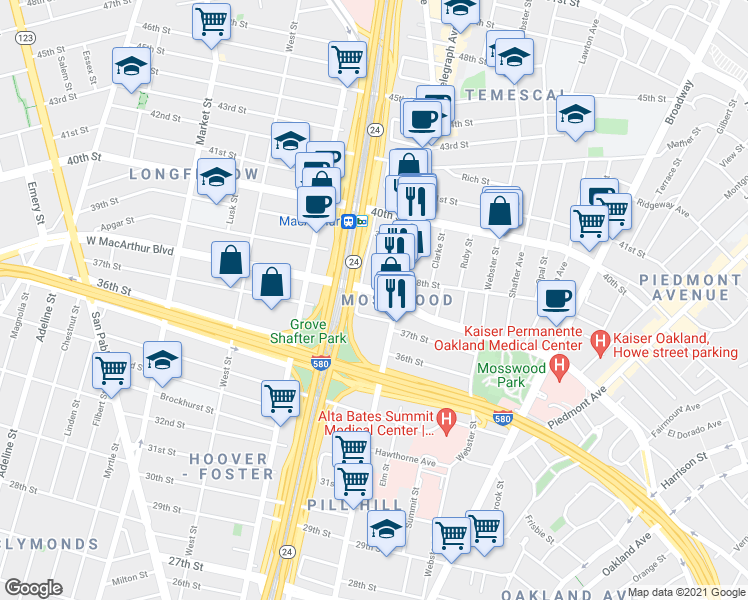 map of restaurants, bars, coffee shops, grocery stores, and more near 544 West MacArthur Boulevard in Oakland