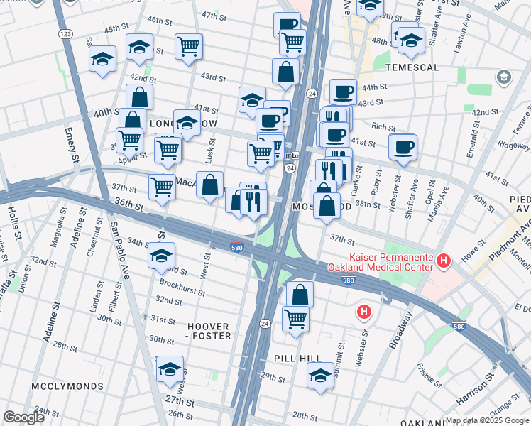 map of restaurants, bars, coffee shops, grocery stores, and more near 657 West MacArthur Boulevard in Oakland