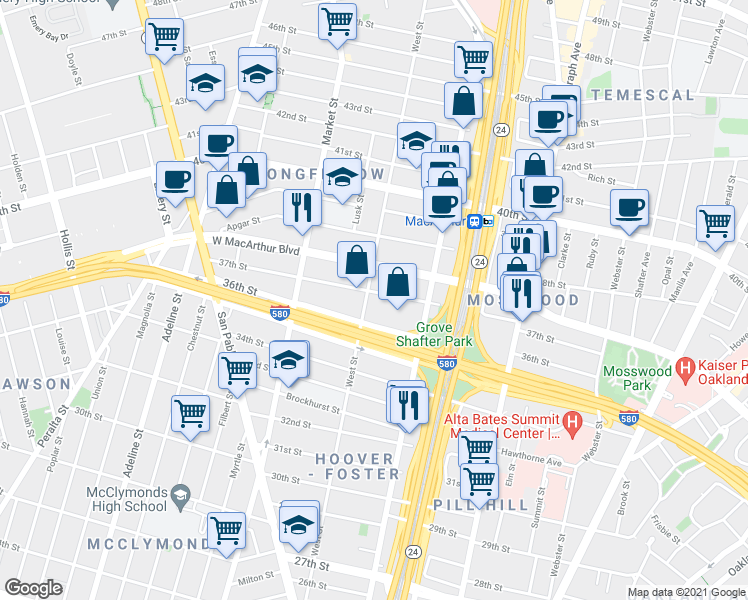 map of restaurants, bars, coffee shops, grocery stores, and more near 716 37th Street in Oakland