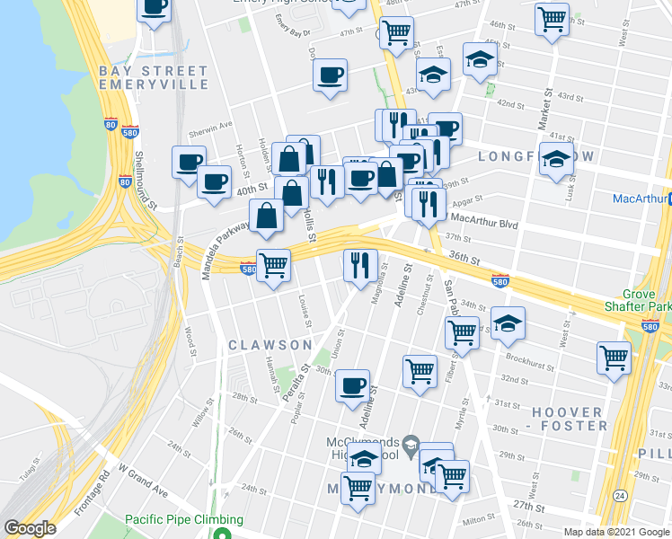 map of restaurants, bars, coffee shops, grocery stores, and more near 3442 Haven Street in Oakland