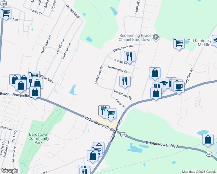 map of restaurants, bars, coffee shops, grocery stores, and more near N Camp Dr in Bardstown