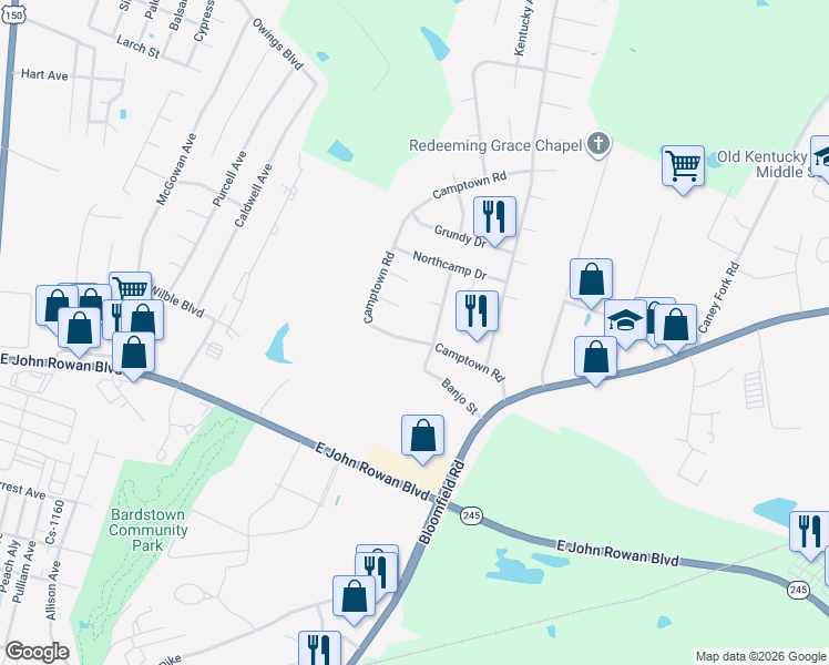 map of restaurants, bars, coffee shops, grocery stores, and more near N Camp Dr in Bardstown