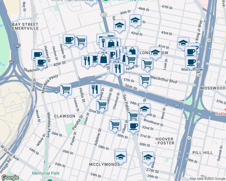 map of restaurants, bars, coffee shops, grocery stores, and more near 3508 Adeline Street in Oakland
