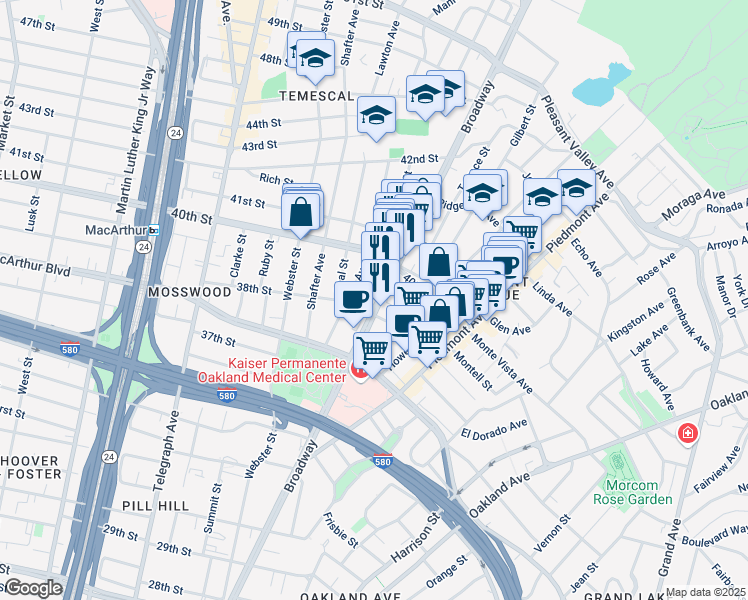 map of restaurants, bars, coffee shops, grocery stores, and more near in Oakland