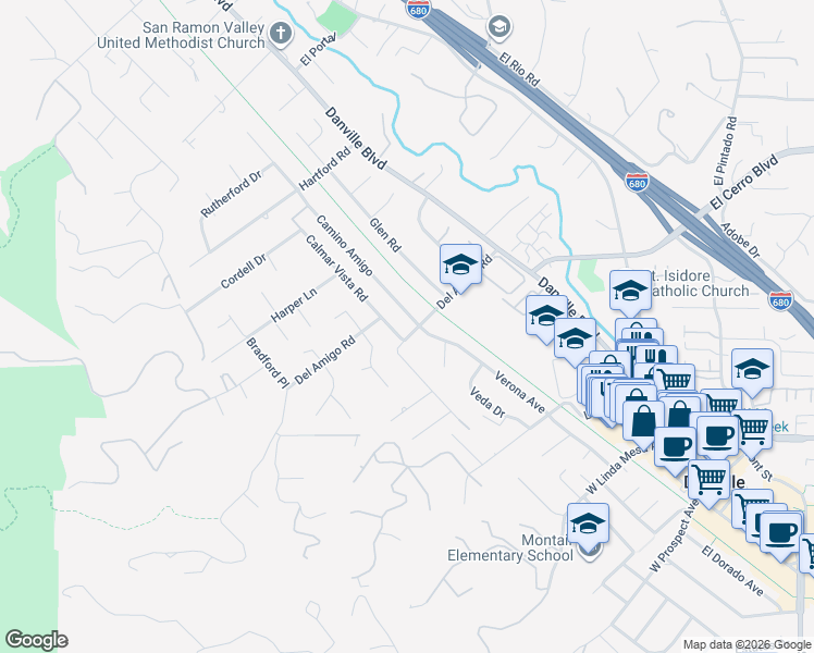 map of restaurants, bars, coffee shops, grocery stores, and more near 200 Del Amigo Road in Danville