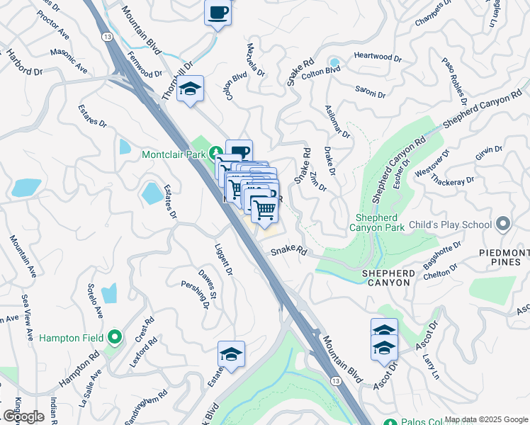 map of restaurants, bars, coffee shops, grocery stores, and more near 6211 La Salle Avenue in Oakland