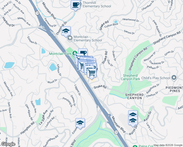 map of restaurants, bars, coffee shops, grocery stores, and more near 2060 Mountain Boulevard in Oakland