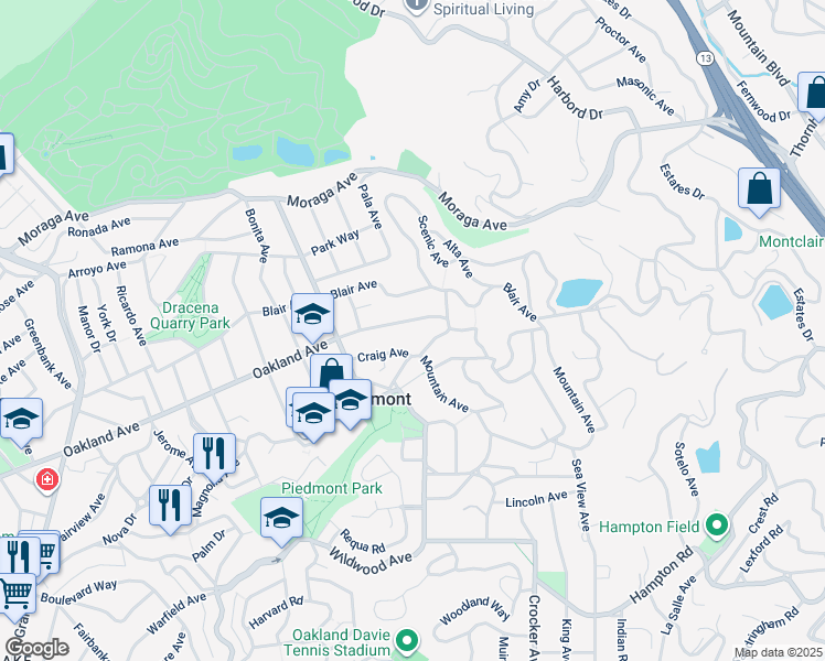 map of restaurants, bars, coffee shops, grocery stores, and more near 2058 Oakland Avenue in Piedmont