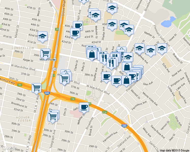 map of restaurants, bars, coffee shops, grocery stores, and more near 3817 Shafter Avenue in Oakland