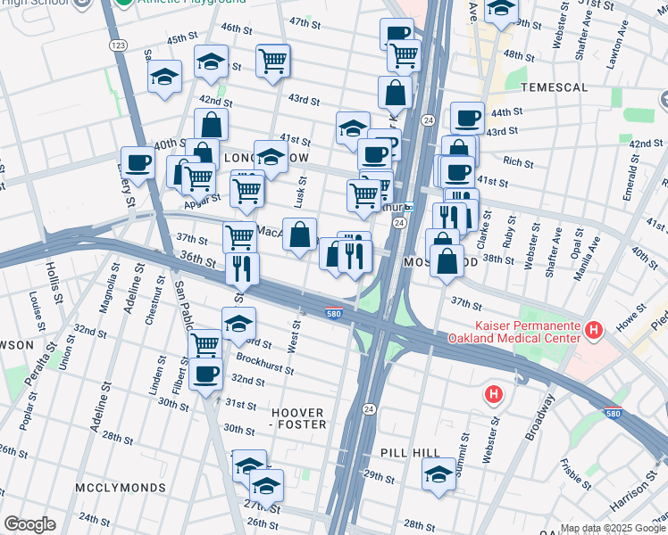 map of restaurants, bars, coffee shops, grocery stores, and more near 716 37th Street in Oakland