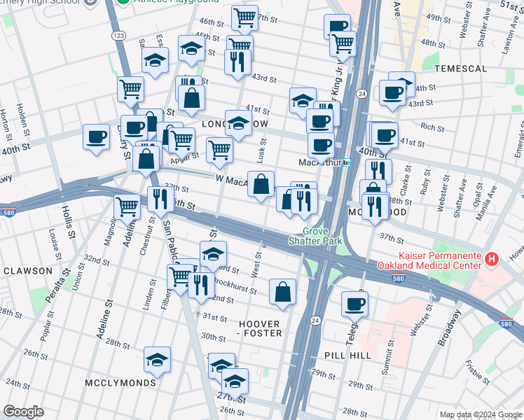 map of restaurants, bars, coffee shops, grocery stores, and more near 822 37th Street in Oakland