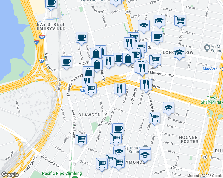 map of restaurants, bars, coffee shops, grocery stores, and more near 3442 Haven Street in Oakland