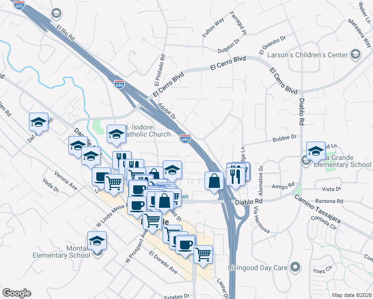 map of restaurants, bars, coffee shops, grocery stores, and more near 394 Ilo Lane in Danville