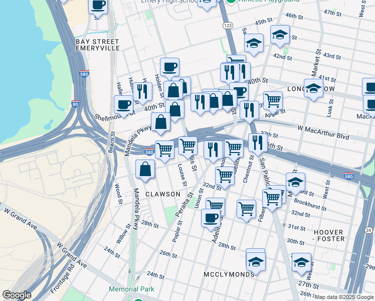 map of restaurants, bars, coffee shops, grocery stores, and more near 3421a Hollis Street in Oakland